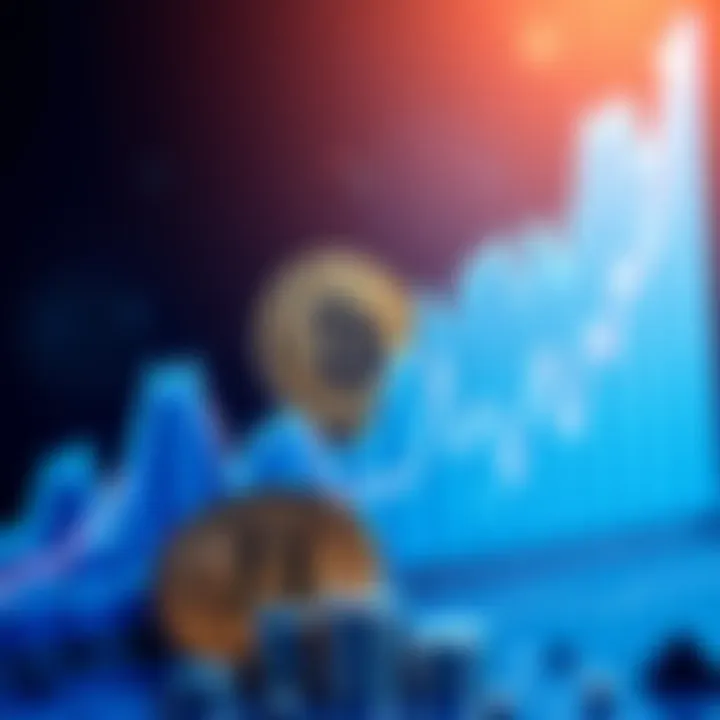 A graph showing the rapid increase in Bitcoin value over 17 years alongside a coin symbolizing cryptocurrency.