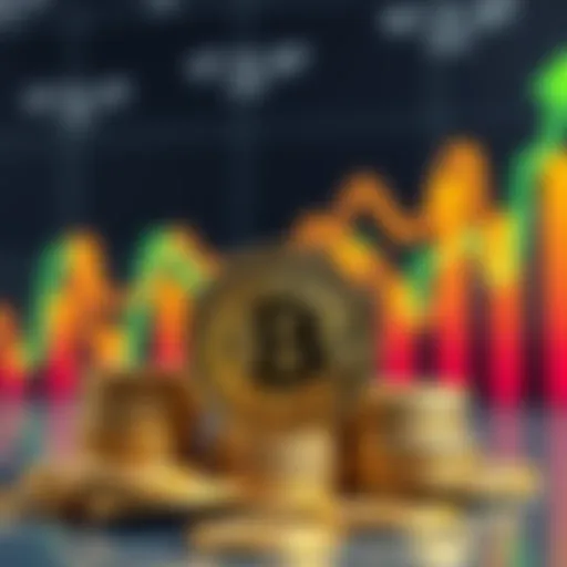 A stack of Bitcoin coins in front of a graph showing upward trends, symbolizing growth and investment in cryptocurrency.