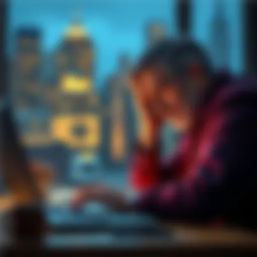A tired person looking at Bitcoin charts on a laptop, deep in thought about cashing out.