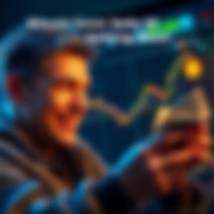 A person with a satisfied expression looking at their Bitcoin chart while counting cash after selling part of their holdings.