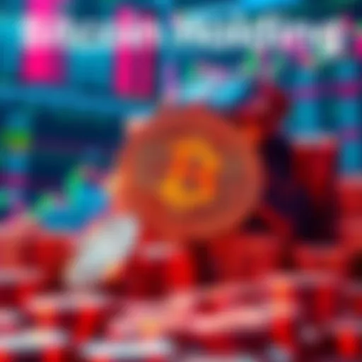 A visual representation of a large bitcoin stash with charts showing market fluctuations and stock prices, symbolizing risk management.