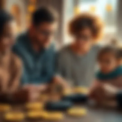 A family discussing how to manage Bitcoin inheritance, with a digital wallet on a table and Bitcoin symbols around them.