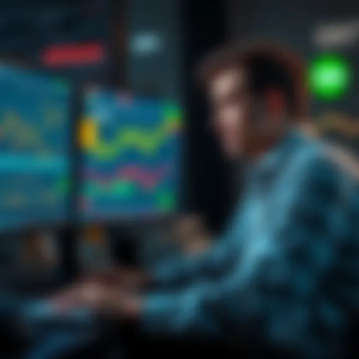 A calm investor studying Bitcoin prices on a computer screen with charts and graphs showing growth