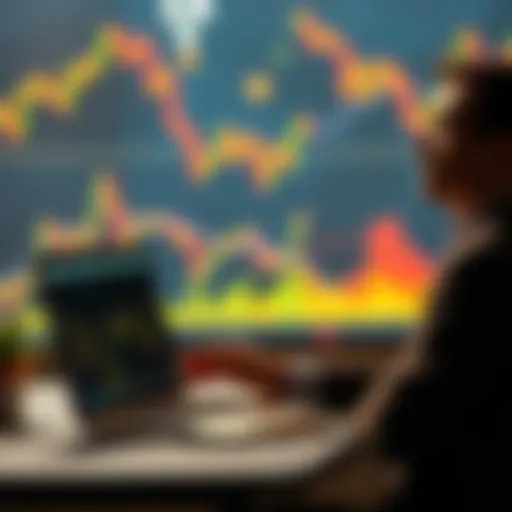 A person contemplating investing in Bitcoin with a laptop and financial charts in the background.