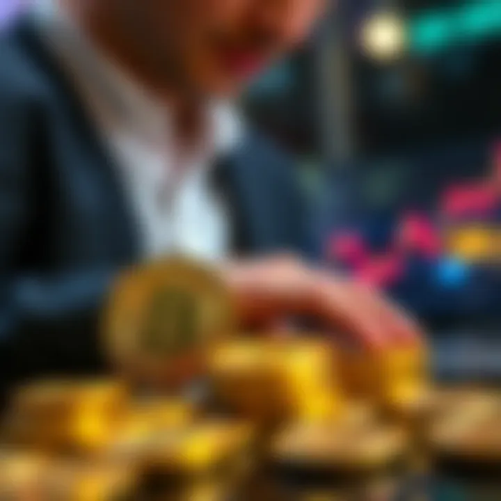 A visual representation of a person making a Bitcoin investment, featuring a graph showing price fluctuations and coins symbolizing the Bitcoin market.