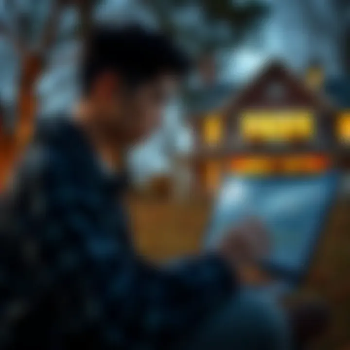 Investing in Bitcoin A young person examining Bitcoin charts on a laptop while looking at a house in the background, symbolizing the comparison to 1950s real estate investment.