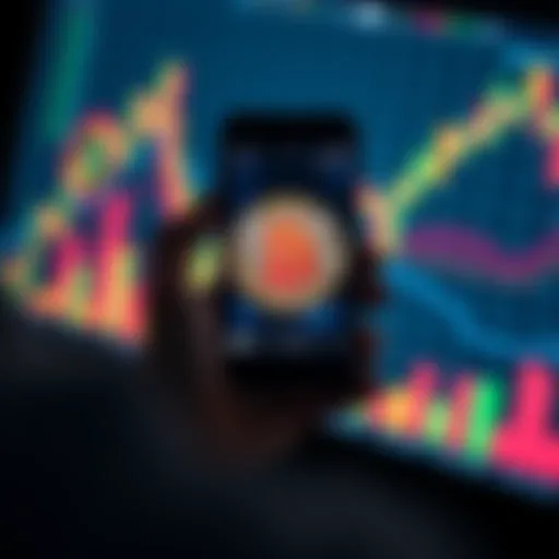 A person holding a smartphone displaying a Bitcoin symbol with financial graphs in the background.