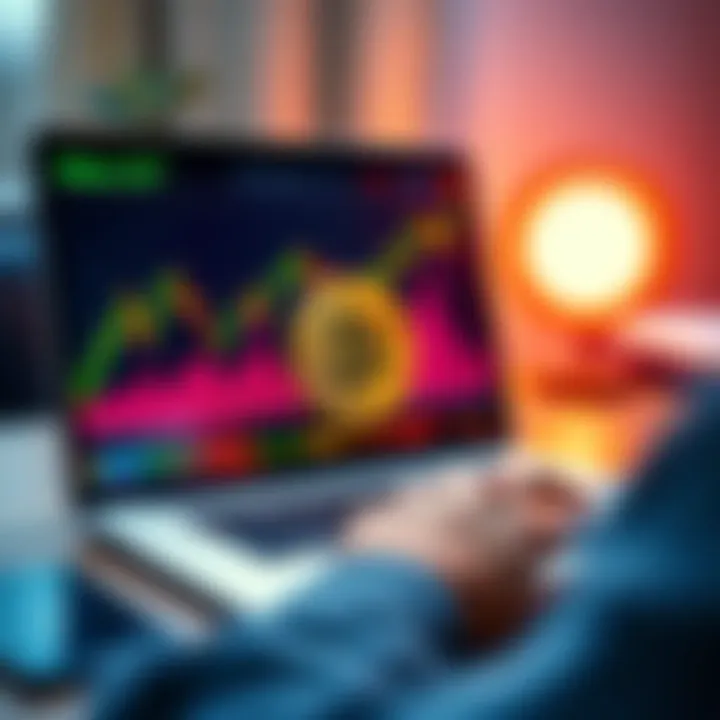 A person analyzing Bitcoin charts on a laptop, showing financial growth and market trends