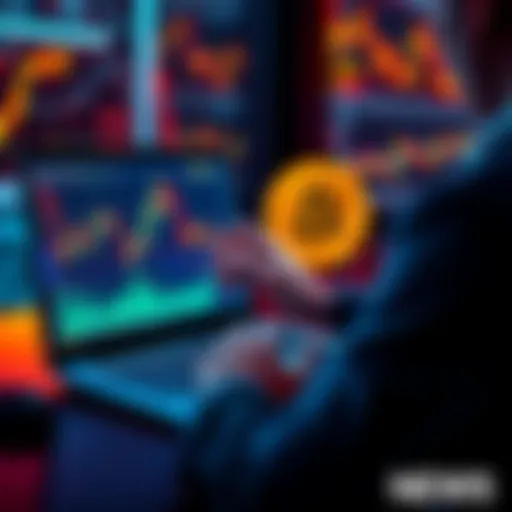 A person looking at a laptop with Bitcoin charts and graphs on the screen, showing market trends.