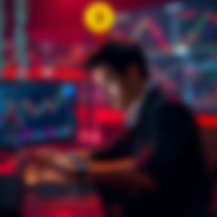 A person contemplating investing in Bitcoin with a laptop and charts showing market trends