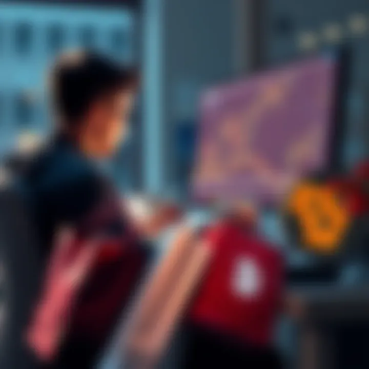 A person analyzing Bitcoin charts on a computer while ignoring shopping bags filled with unused items