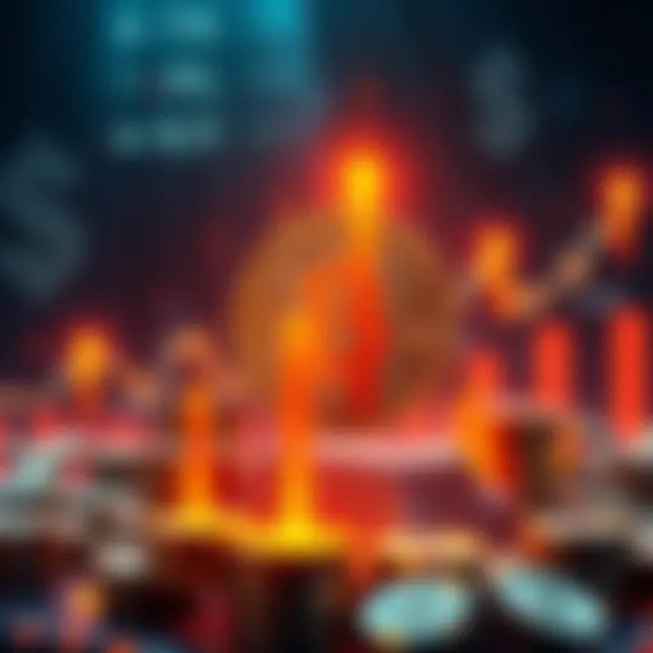 A visual representation of Bitcoin with rising charts and dollar signs, symbolizing investment potential and market volatility.