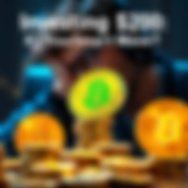 A person contemplating investing in Bitcoin, with a Bitcoin symbol and a stack of coins in the foreground.