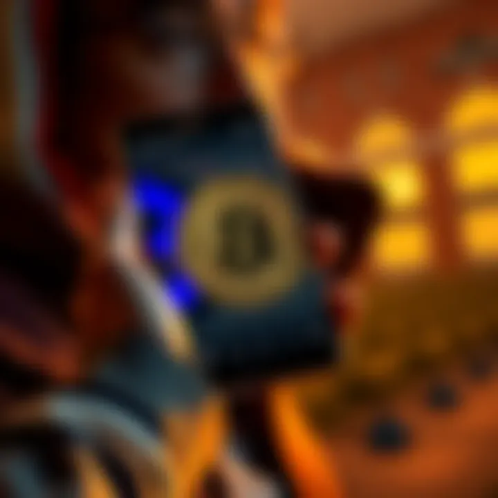 A person holding a smartphone displaying Bitcoin prices while looking determined to invest in cryptocurrency.