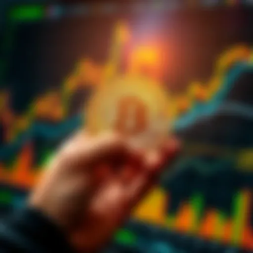 A person holding a gold Bitcoin coin with graphs and charts in the background representing market trends.