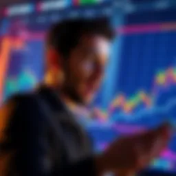 A person looking at a graph showing Bitcoin trends, with an excited expression, symbolizing investment potential.