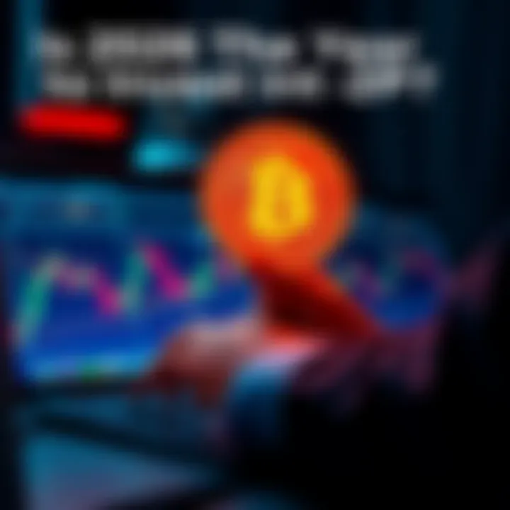 A person holding a Bitcoin symbol while looking at stock market graphs on a laptop screen, pondering investment decisions.