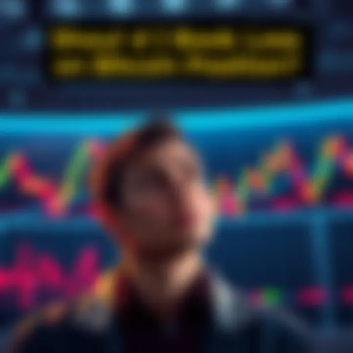 A person looking at Bitcoin charts with a puzzled expression, contemplating whether to sell or hold their investment.