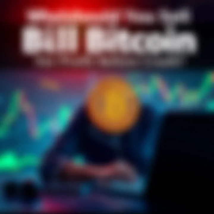 An investor contemplating selling Bitcoin for profit or waiting for a price drop, with a laptop displaying cryptocurrency charts.