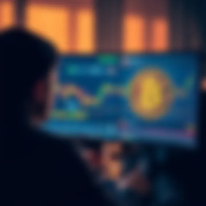 A person looking at a computer screen displaying Bitcoin price charts and market trends