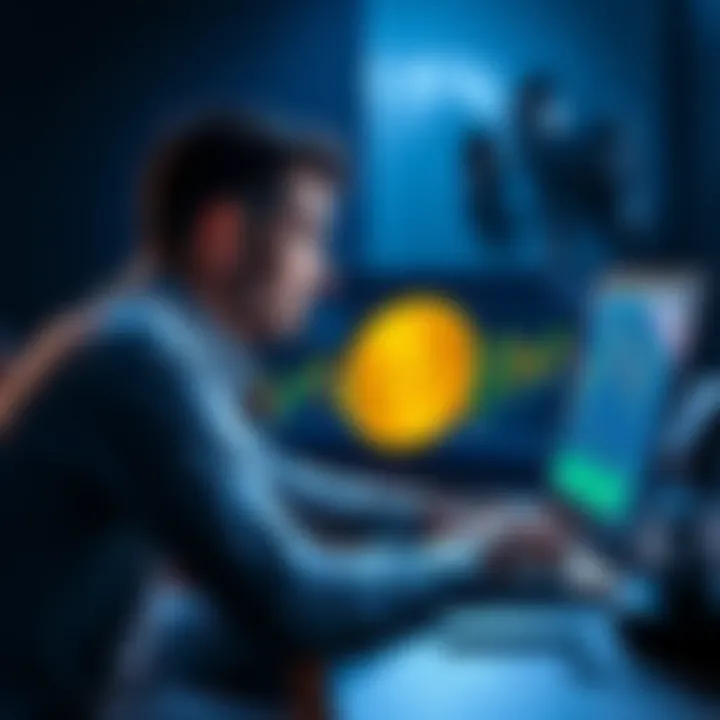 A person sitting at a laptop, looking at Bitcoin charts with a thoughtful expression, weighing the decision to hold or sell their investments.