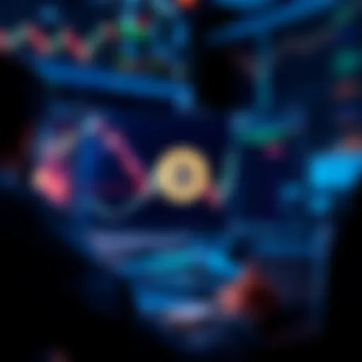 A person analyzing Bitcoin market trends on a computer screen with cryptocurrency charts and graphs in the background