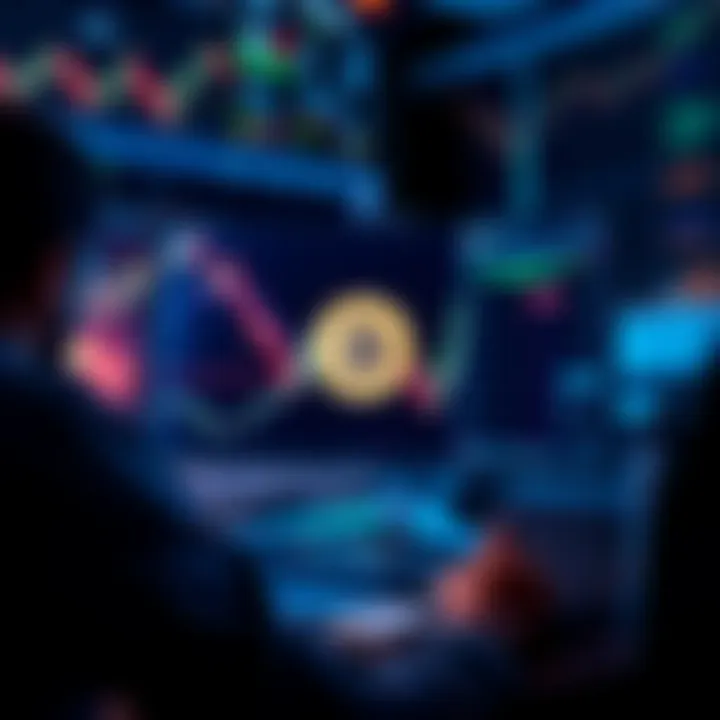 A person analyzing Bitcoin market trends on a computer screen with cryptocurrency charts and graphs in the background