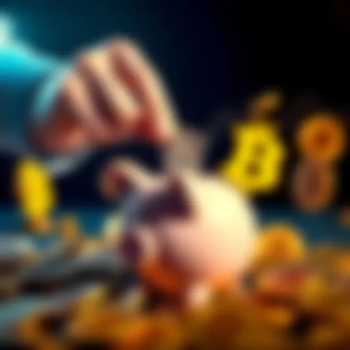 A person placing a small amount of money into a piggy bank with Bitcoin symbols around, symbolizing daily investment.