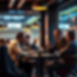 Bitcoin Investment Insights A group of experienced investors discussing Bitcoin strategies and market trends at a coffee shop.