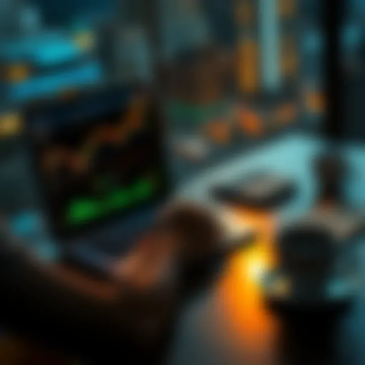 A person analyzing Bitcoin charts on a laptop, with a notebook and coffee cup beside them, representing the investment process during bear markets.