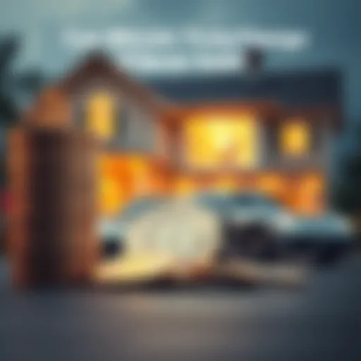 A stack of Bitcoin coins in front of a house and a car, symbolizing financial investment and lifestyle change