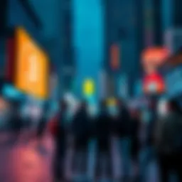 A group of people discussing Bitcoin on a city street, with a digital screen displaying Bitcoin prices in the background.