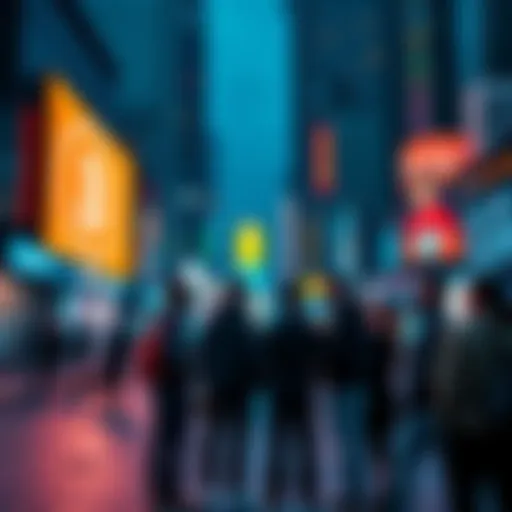 A group of people discussing Bitcoin on a city street, with a digital screen displaying Bitcoin prices in the background.