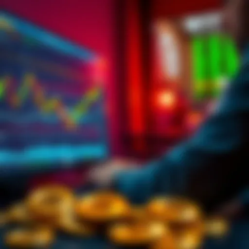 A person analyzing Bitcoin charts on a computer screen, with Bitcoin coins in the foreground.