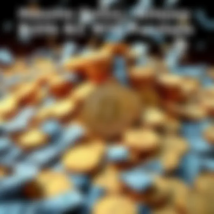 A large pile of Bitcoin coins representing a Ponzi scheme with dollar bills scattered around