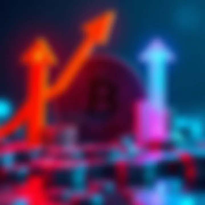 A graphic comparing all in investment vs dollar-cost averaging in Bitcoin, with upward and downward price arrows.