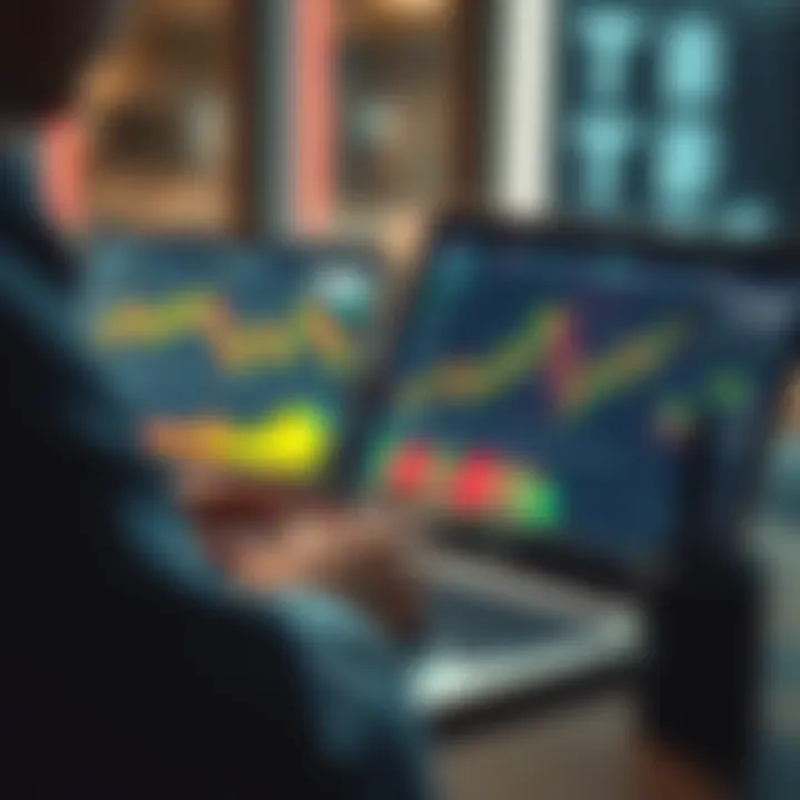 Bitcoin Investment Strategies A person analyzing Bitcoin trends on a laptop with charts and graphs on the screen, symbolizing investment strategies.