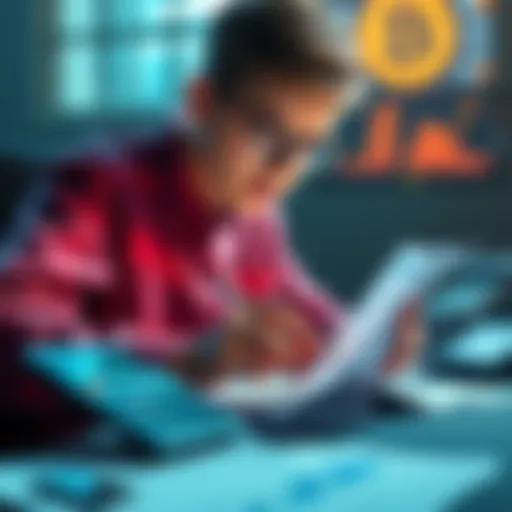 A young person analyzing Bitcoin investment graphs with a calculator and financial reports, symbolizing monthly dollar-cost averaging.