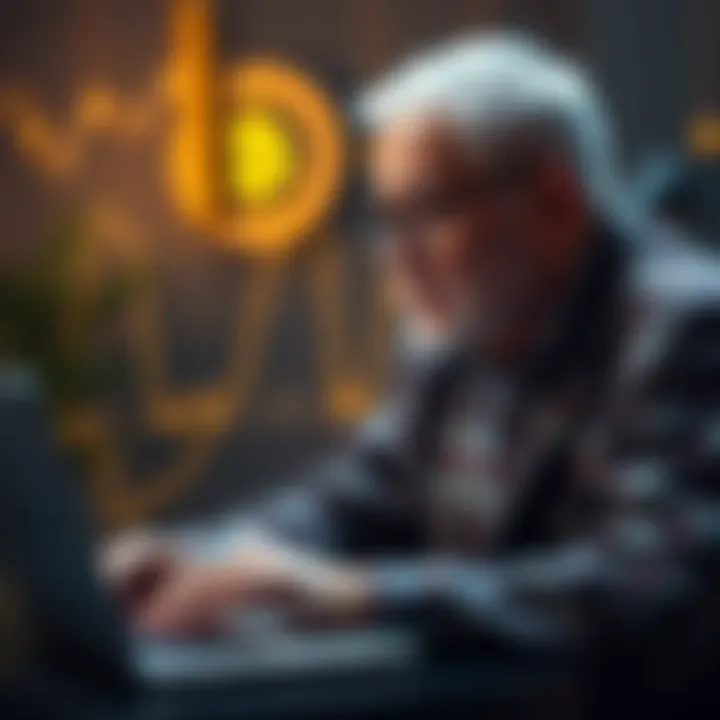 A retiree analyzing Bitcoin charts and index funds on a laptop