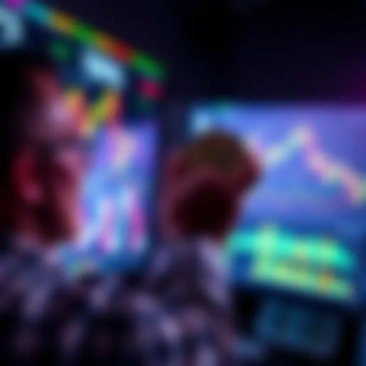 A person analyzing Bitcoin trends on a digital screen with financial charts and graphs in the background