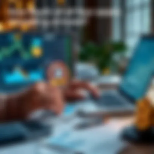 A person analyzing Bitcoin charts and graphs on a laptop, considering investment options, with a calculator and financial documents on the table