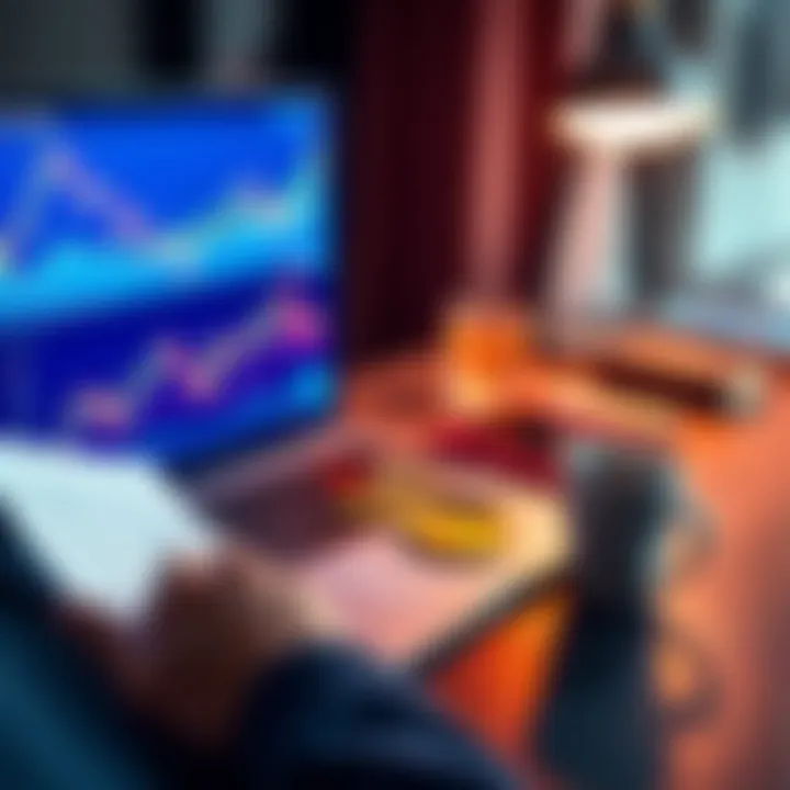 A person analyzing Bitcoin charts on a laptop with notes and a coffee cup nearby