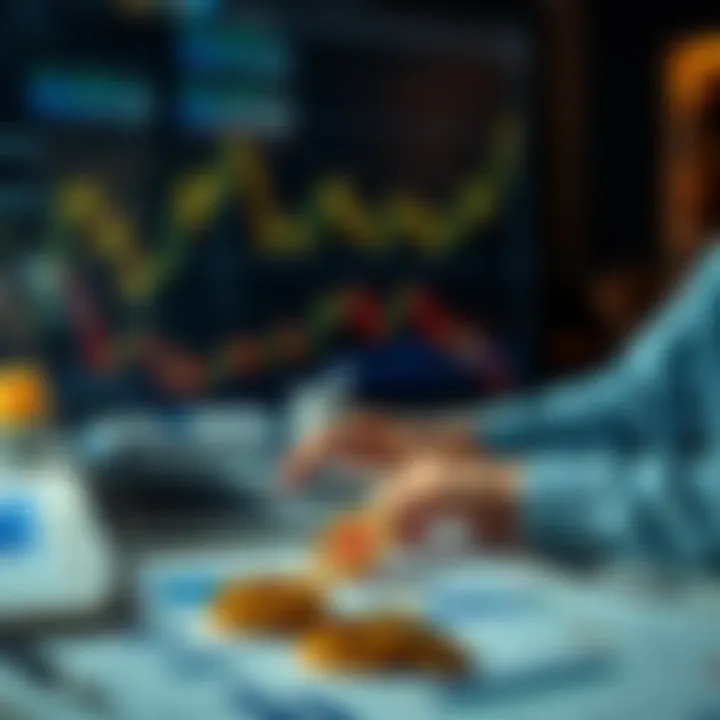 A person analyzing Bitcoin charts with a laptop and financial documents on the table.