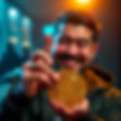 A person smiling while holding a Bitcoin symbol, representing successful investment and wealth from cryptocurrency.