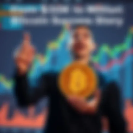 A man holding a Bitcoin symbol with a surprised expression, surrounded by graphs showing rising cryptocurrency values, representing his $50,000 investment growing to over $50 million.