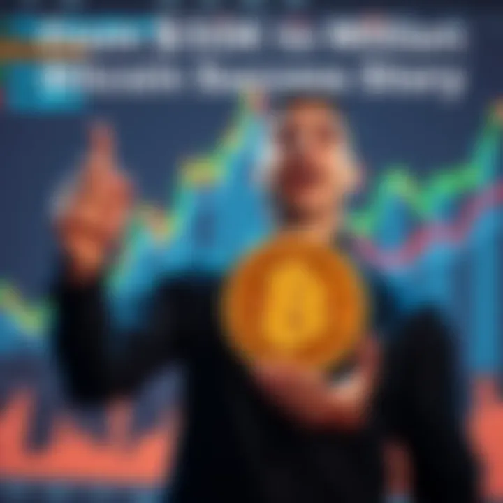 A man holding a Bitcoin symbol with a surprised expression, surrounded by graphs showing rising cryptocurrency values, representing his $50,000 investment growing to over $50 million.