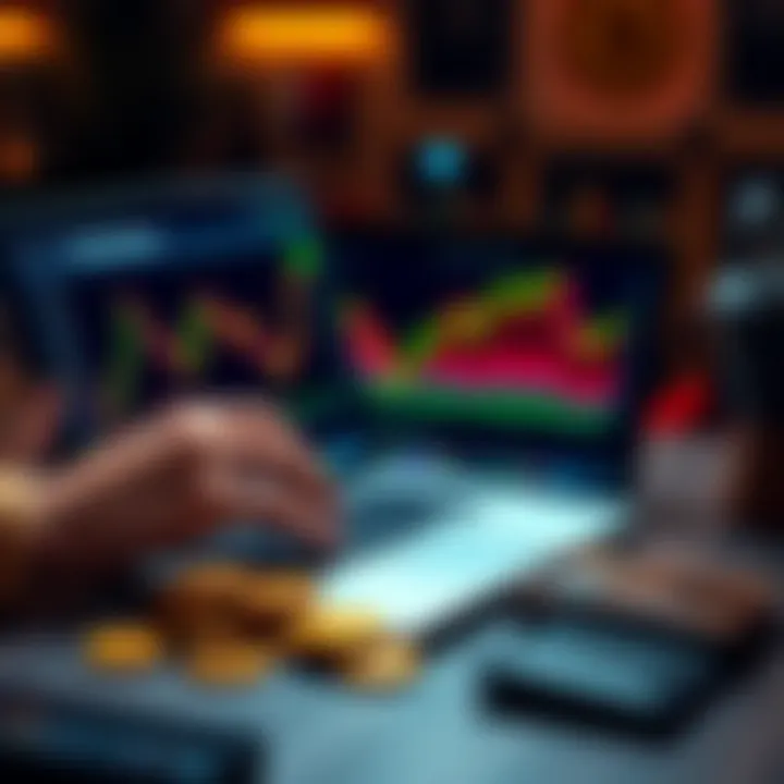 A person analyzing Bitcoin charts on a laptop, with coins and a wallet beside them
