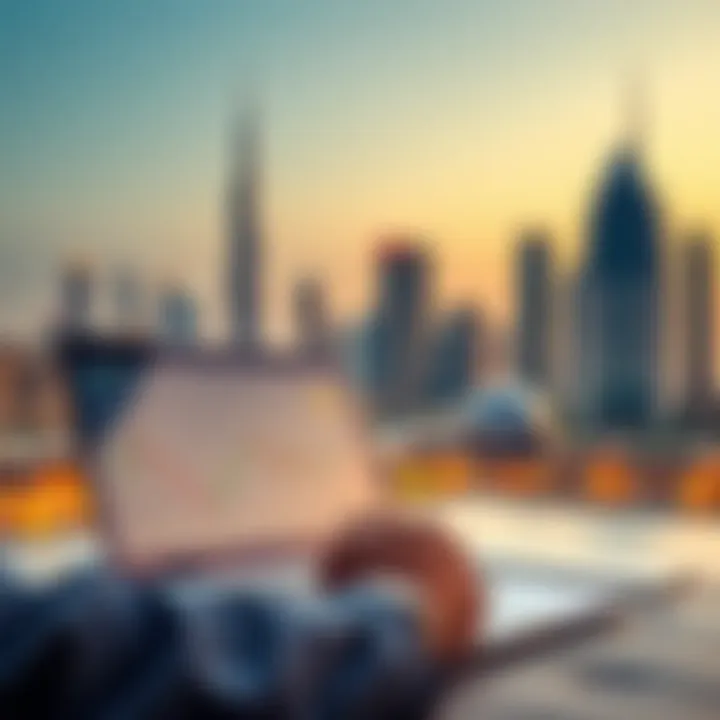 A person analyzing Bitcoin charts on a laptop with Dubai skyline in the background