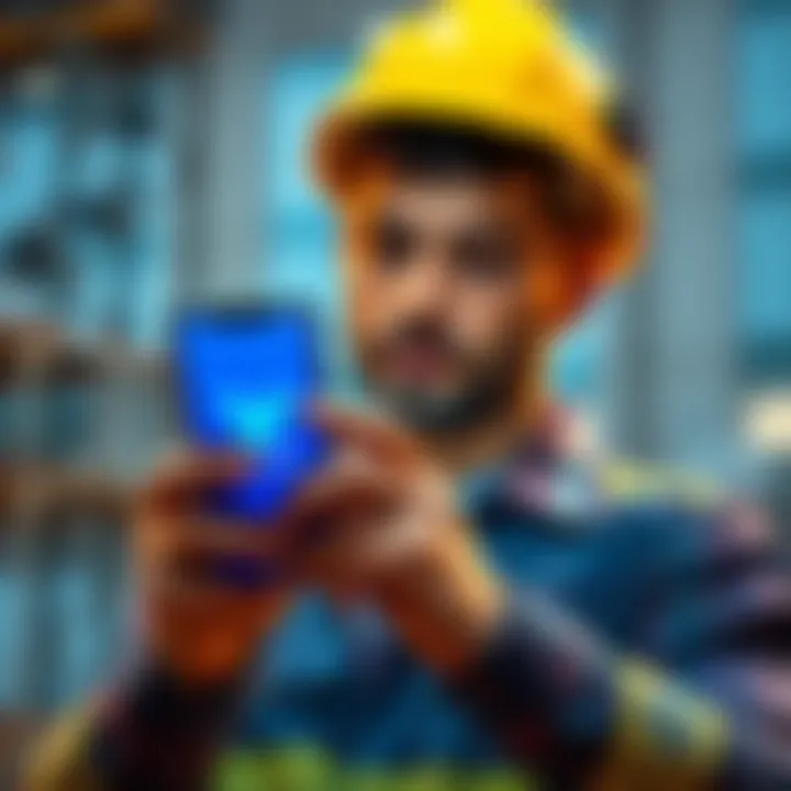 A construction worker looking at a smartphone displaying the Venmo app logo and Bitcoin symbol, contemplating investment.