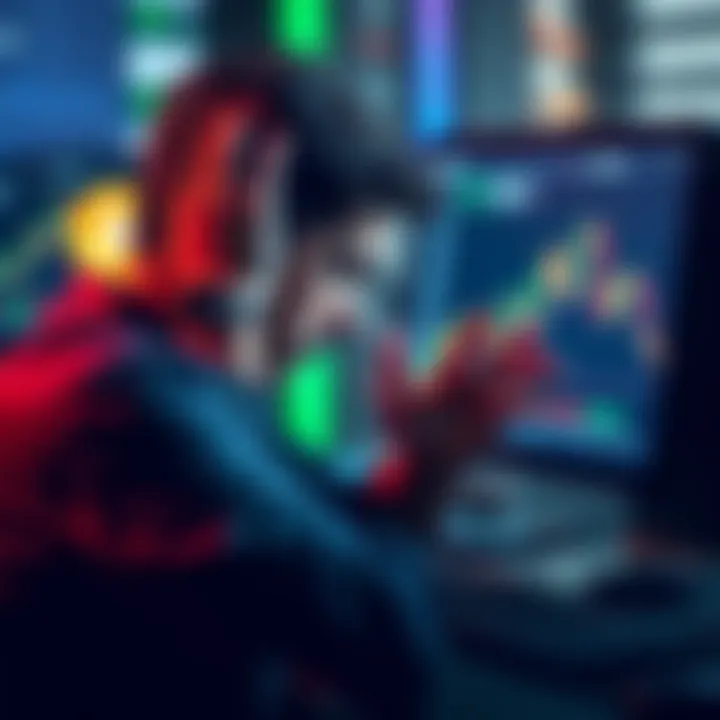 A stressed Bitcoin investor looking at fluctuating market charts on a computer screen while holding his head in his hands